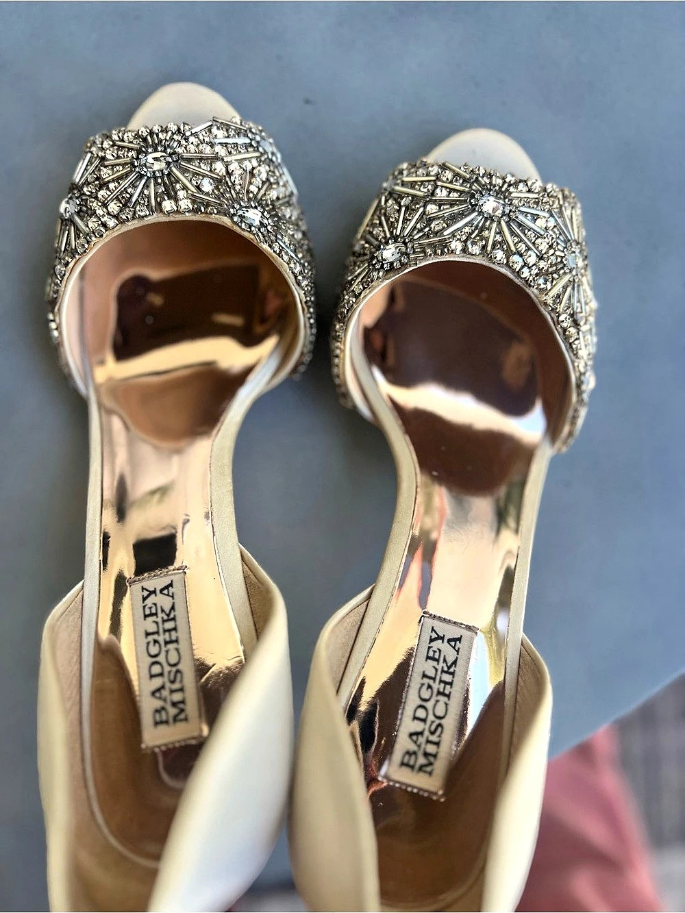 Badgley Mischka Kiara Embellished Peep-Toe Pumps in Beige & Silver - Picture 6 of 9